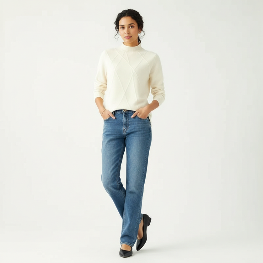 High-Neck Sweater Women, Soft Fine Knit with Ribbed Finish