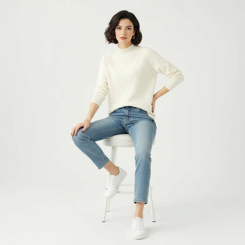 High-Neck Sweater Women, Soft Fine Knit with Ribbed Finish