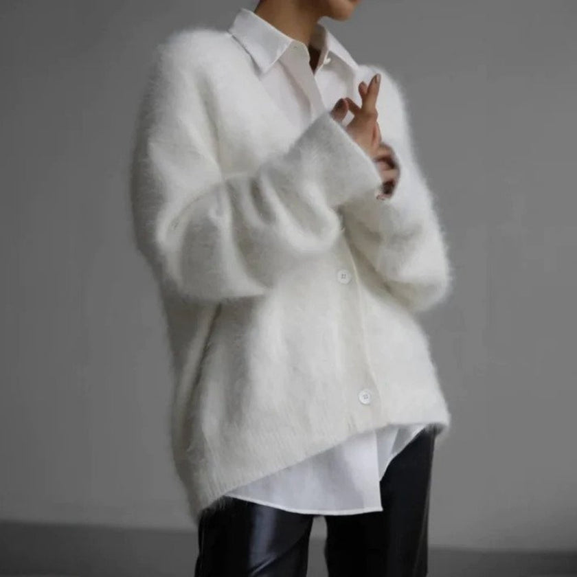 V-Neck Fluffy Knit Cardigan Women Relaxed Fit