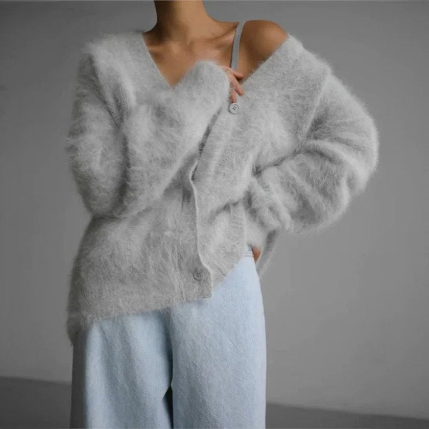 V-Neck Fluffy Knit Cardigan Women Relaxed Fit