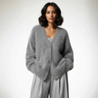 V-Neck Fluffy Knit Cardigan Women Relaxed Fit