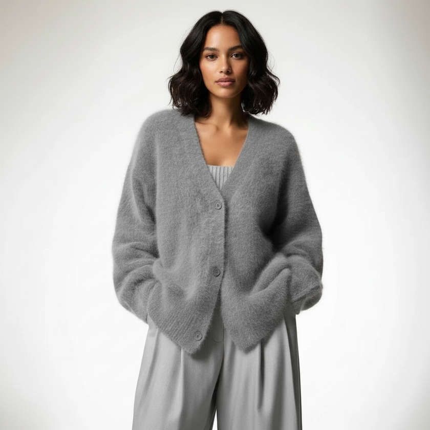 V-Neck Fluffy Knit Cardigan Women Relaxed Fit