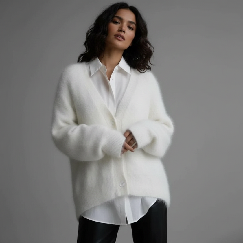V-Neck Fluffy Knit Cardigan Women Relaxed Fit