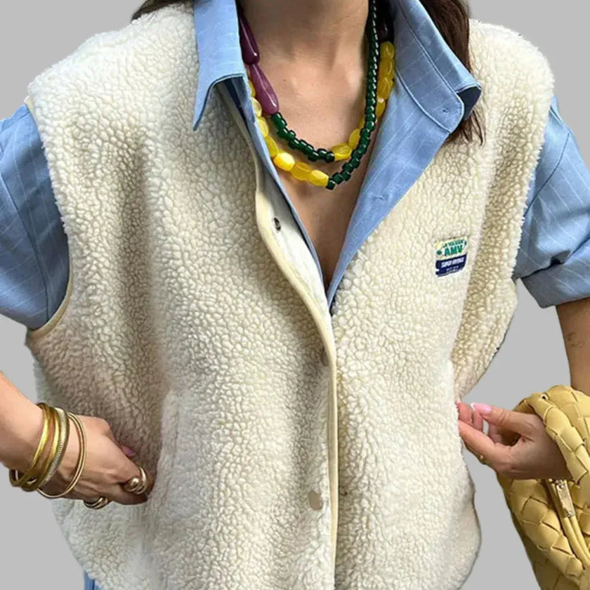 Teddy Fleece Vest Women Sleeveless Snap Button