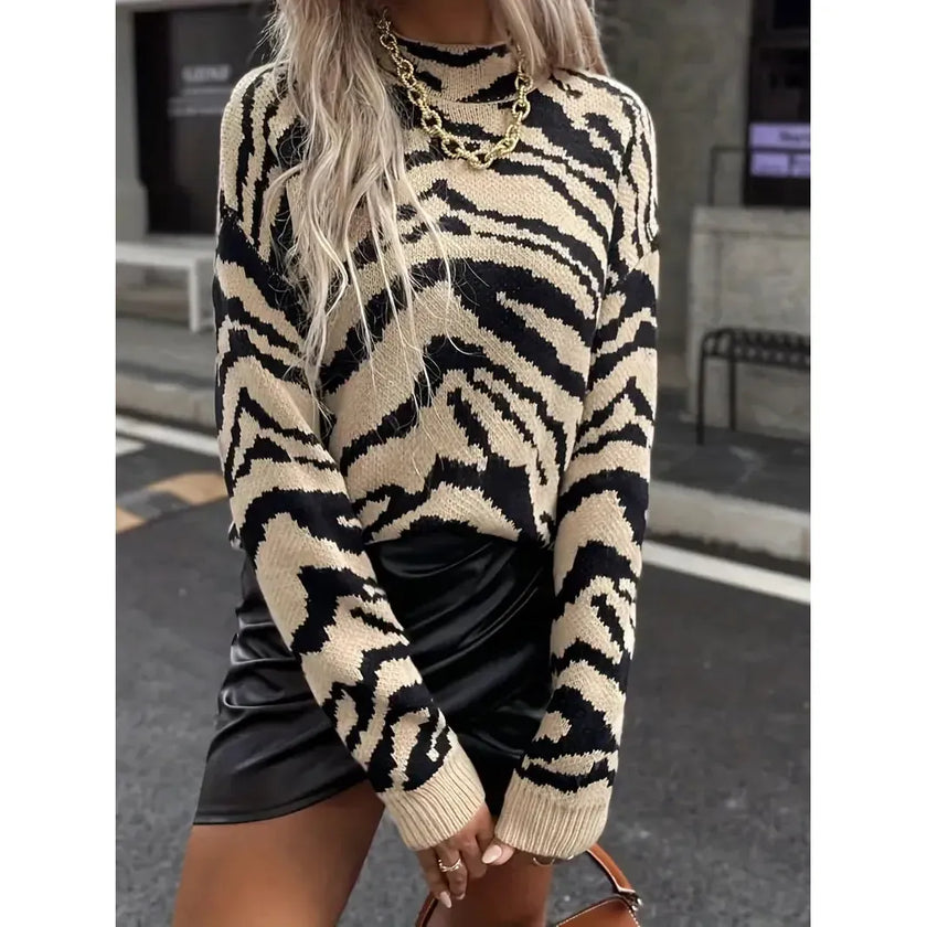 Knit Sweater Women Zebra Print Relaxed Fit Long Sleeve
