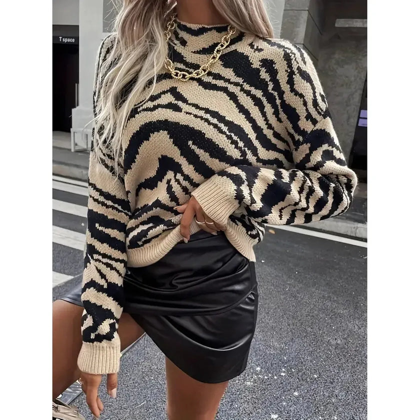 Knit Sweater Women Zebra Print Relaxed Fit Long Sleeve