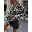 Knit Sweater Women Zebra Print Relaxed Fit Long Sleeve