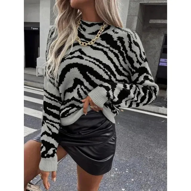 Knit Sweater Women Zebra Print Relaxed Fit Long Sleeve