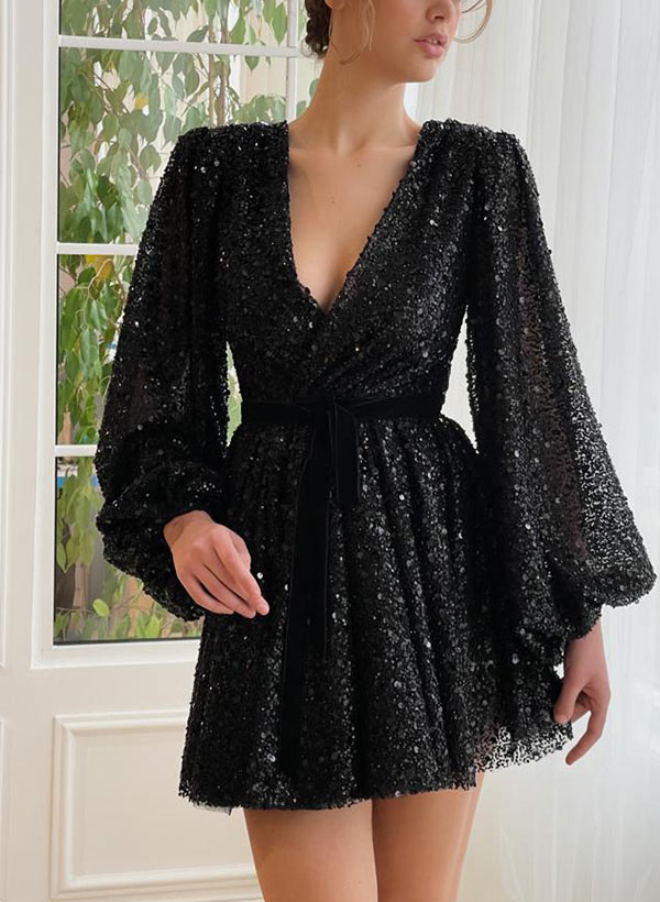 Evelyn | Homecoming Dress A-Line V-Neck Sequin Women's Party Mini Dress