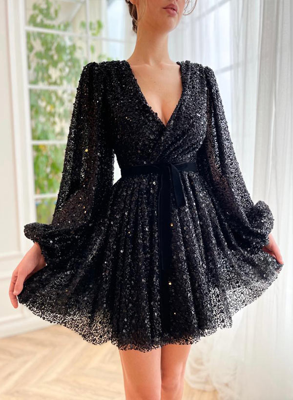 Evelyn | Homecoming Dress A-Line V-Neck Sequin Women's Party Mini Dress