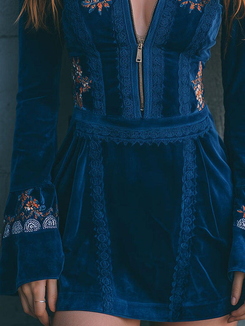Blue velvet embroidered mini dress by FJØRNA, casual style with intricate embroidery, short length, and elegant fit.