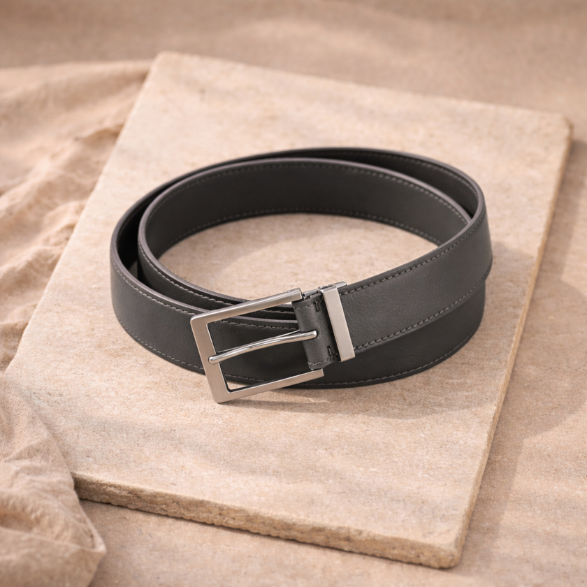 FJØRNA vegan leather ratchet belt with adjustable unisex design, featuring a sleek buckle and smooth finish.