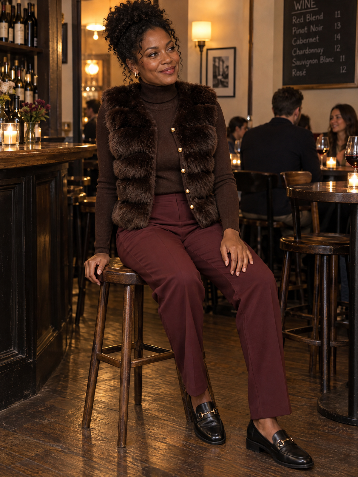 Faux Fur Gilet and Turtleneck Sweater Dress Two-Piece Set in Brown for Women