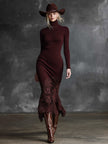 Elegant burgundy lace maxi dress by FJØRNA, featuring intricate lace details and a flowing evening dress silhouette.