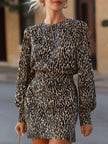 FJØRNA leopard print long-sleeve tailored mini dress, stylish occasion dress with fitted silhouette and bold animal pattern.