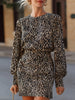 FJØRNA leopard print long-sleeve tailored mini dress, stylish occasion dress with fitted silhouette and bold animal pattern.