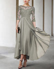 FJØRNA chiffon midi dress for women with A-line silhouette and three-quarter sleeves, elegant and flowy fabric.