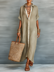FJØRNA women's linen maxi dress featuring a flowing silhouette and lightweight fabric, perfect for casual or summer wear.
