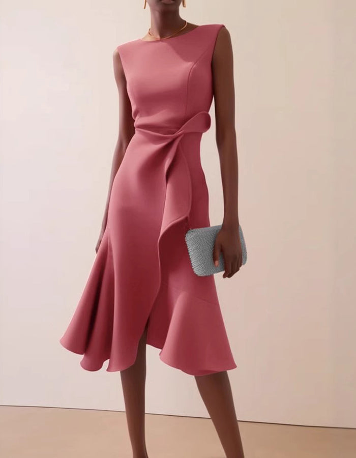 Pink FJØRNA midi dress for women with round neck, sleeveless design, ruffle and bow details, perfect for elegant daytime wear.