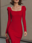 Red square-neck puff-sleeve bodycon midi dress by FJØRNA, showcasing a fitted silhouette and elegant design in vibrant red fabric.