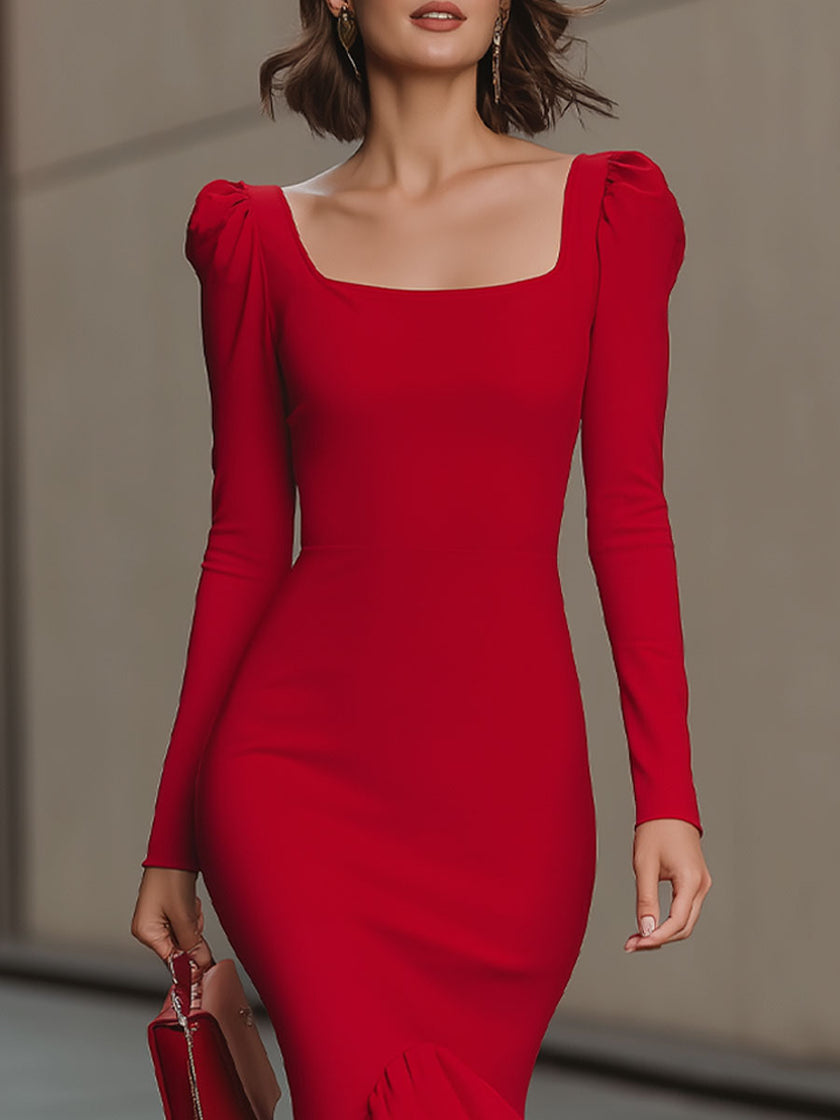 Red square-neck puff-sleeve bodycon midi dress by FJØRNA, showcasing a fitted silhouette and elegant design in vibrant red fabric.