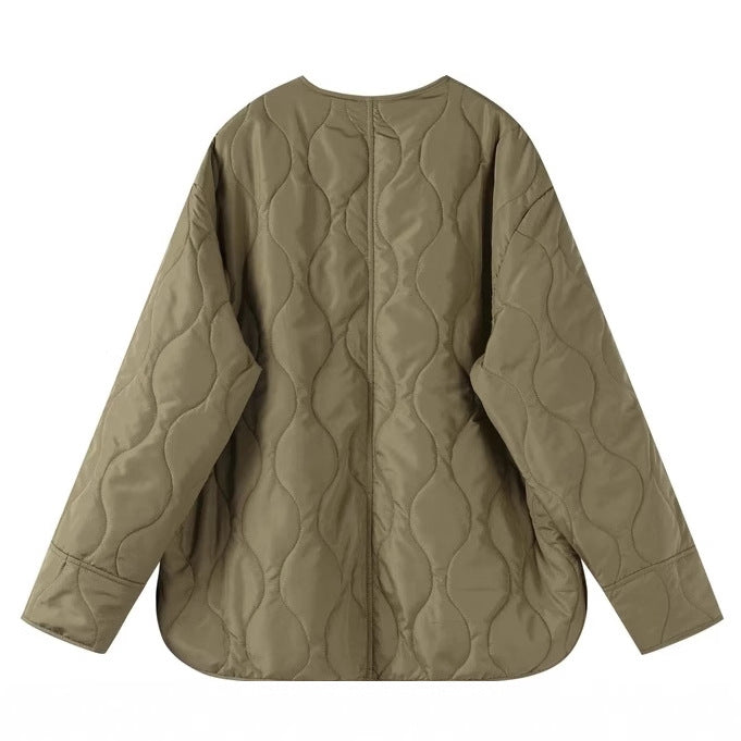 Quilted Jacket Women Snap Button Round Neck Straight Fit