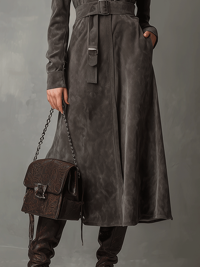 FJØRNA high neck belted suede midi dress featuring a fitted silhouette and elegant design, shown on a model.
