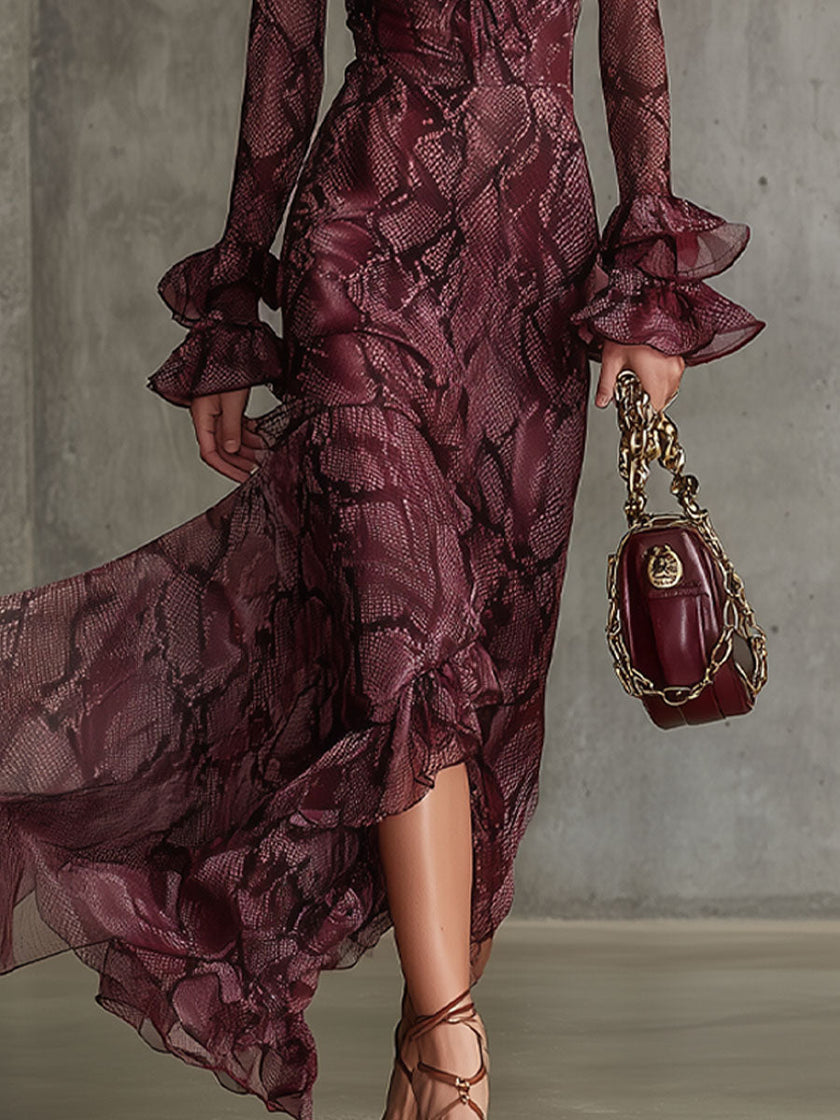 FJØRNA burgundy chiffon ruffle maxi dress with flowing fabric and elegant design, perfect for evening occasions