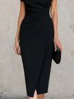 FJØRNA black asymmetric one-shoulder midi dress, elegant cocktail dress with a stylish design, displayed on a mannequin.