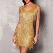 FJØRNA elegant mini dress for women featuring fringe detail, perfect for cocktail or evening occasions.