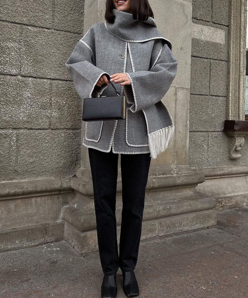 Cape Coat Open Front Fringe Hem Contrast Trim Oversized Poncho Wrap | Fenna