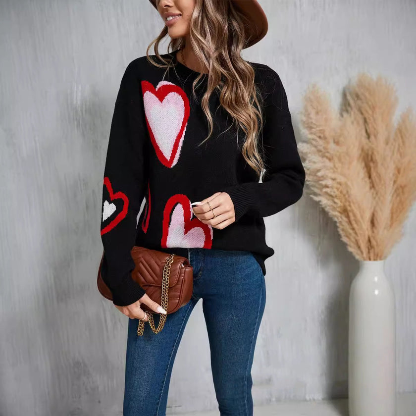 Heart Knit Sweater Women Crew Neck Long Sleeve