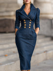 FJØRNA blue double-breasted structured denim midi dress with long sleeves and tailored fit, suitable for cocktail occasions