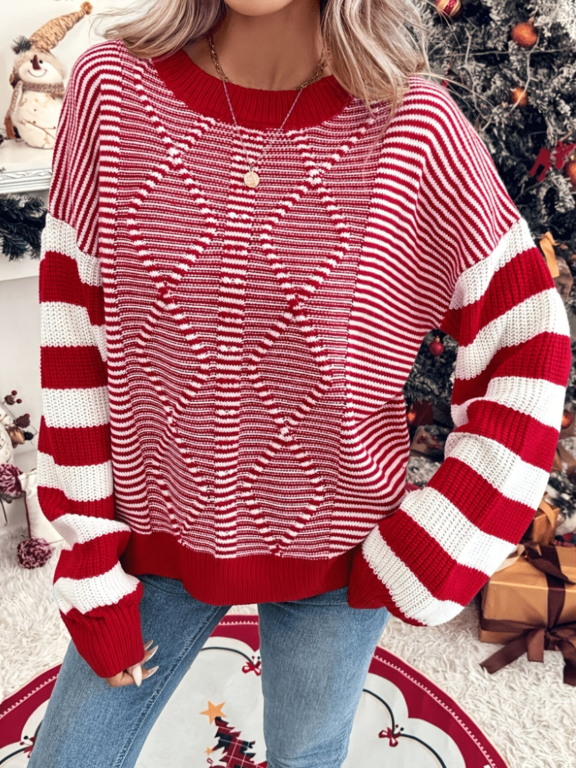 Oona | Women's Oversized Long Striped Crew-Neck Knit Christmas Sweater