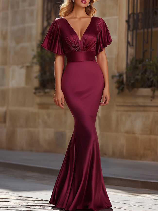 FJØRNA satin flutter sleeve mermaid evening dress for women, featuring a fitted silhouette and elegant design.