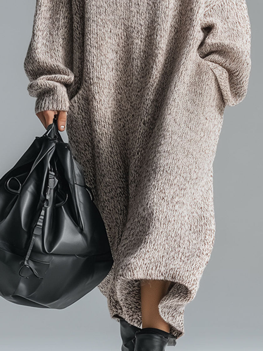 Grey knit floral midi dress for women by FJØRNA, featuring a soft knit fabric and a stylish floral pattern.