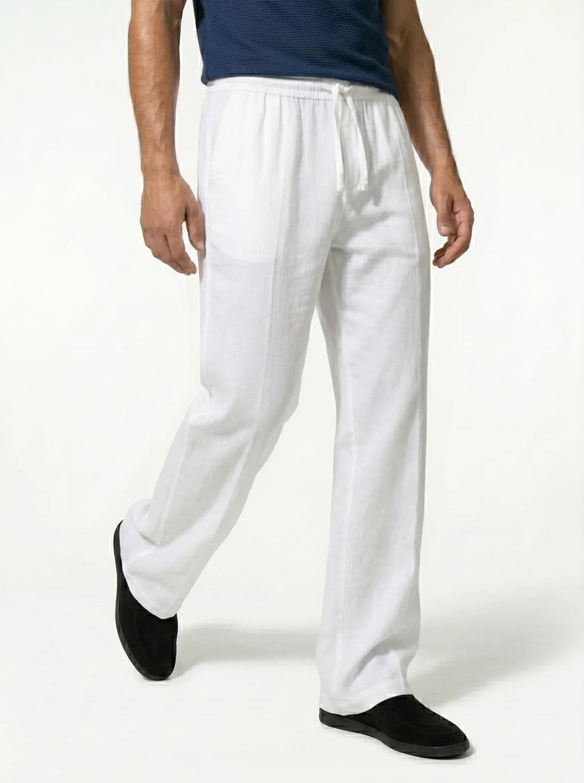 Men's linen trousers by FJØRNA, relaxed fit summer pants, breathable lightweight linen fabric, natural beige color.