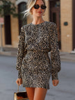 FJØRNA leopard print long-sleeve tailored mini dress, elegant occasion dress with fitted silhouette and stylish pattern.