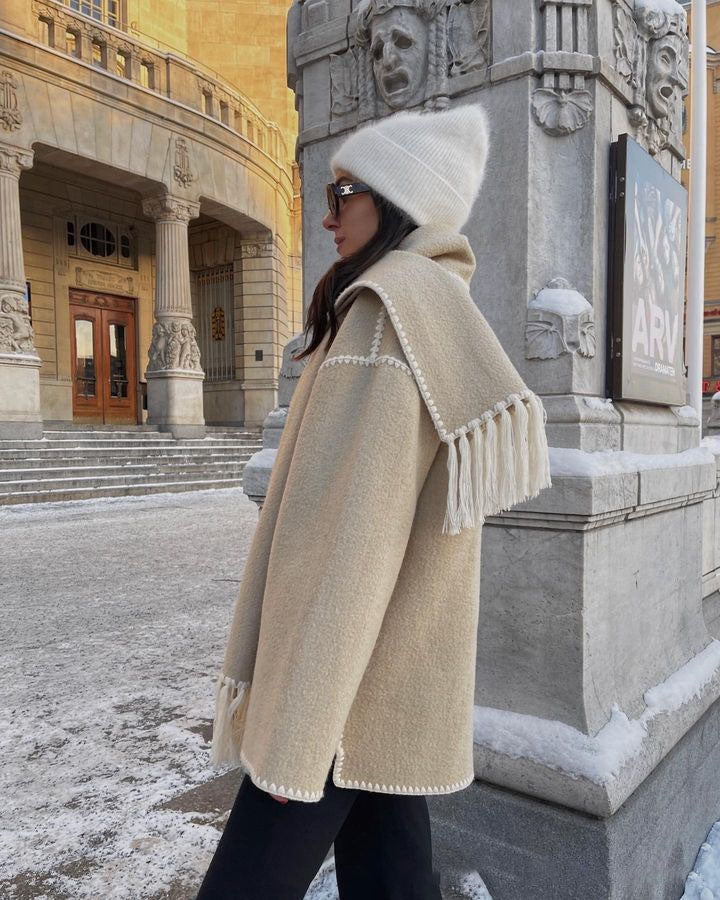 Cape Coat Open Front Fringe Hem Contrast Trim Oversized Poncho Wrap | Fenna