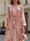 FJØRNA blush pink floral chiffon A-line midi dress, elegant women's dress with a flowy silhouette and floral pattern.