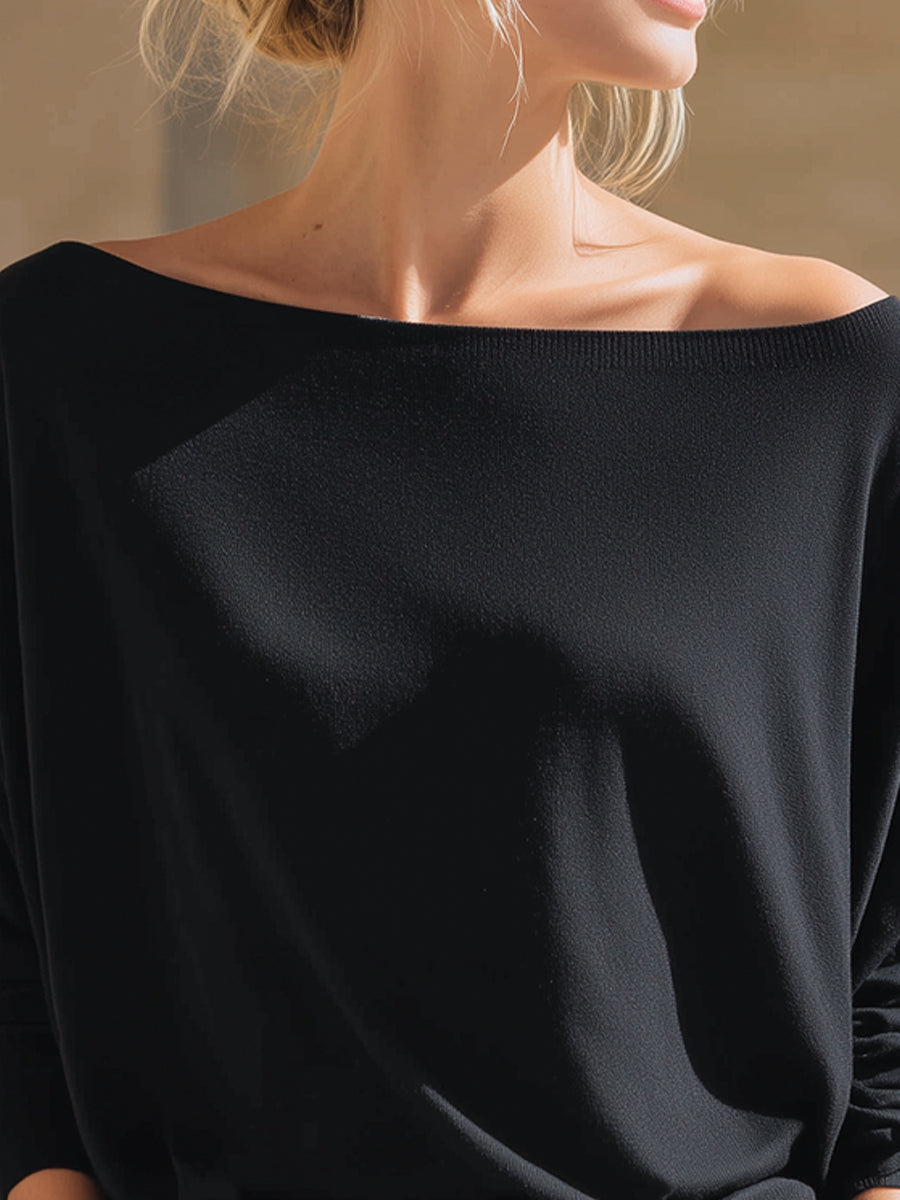 Off-Shoulder Batwing Sleeve Jumper Top in Relaxed Knit for Women