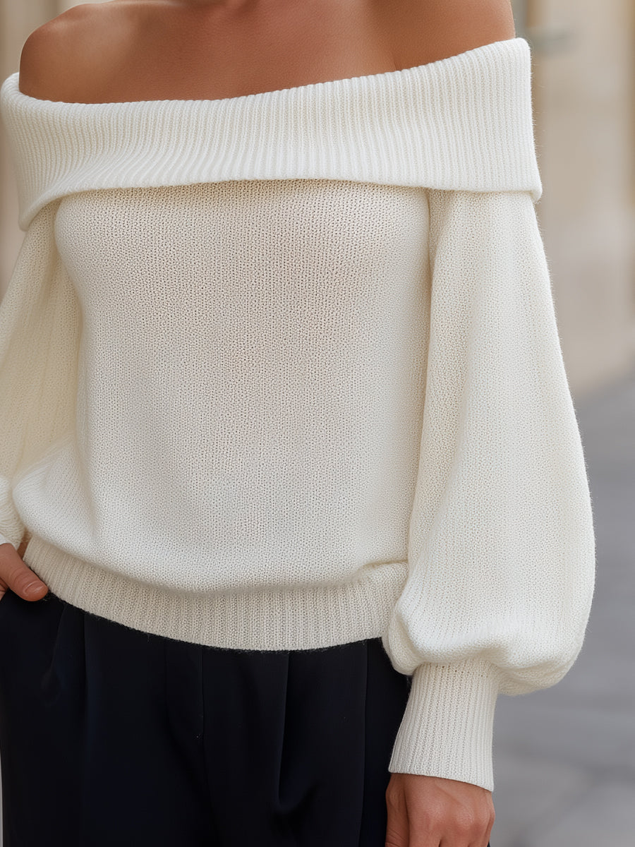 Off-Shoulder Knit Sweater with Wide Folded Collar and Balloon Sleeves for Women