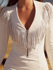 White faux suede V-neck mini dress by FJØRNA, casual style, shown on model with short sleeves and fitted silhouette.
