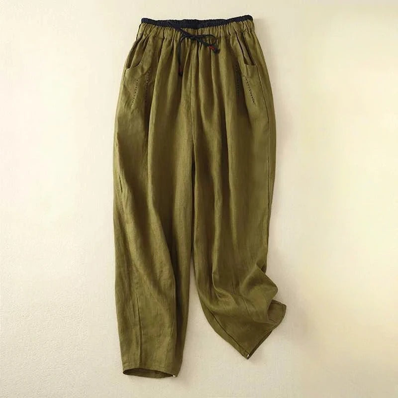 FJØRNA lightweight summer women's ankle-length trousers, breathable and stylish for warm weather, shown on a model.