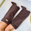Knee High Boots Suede Block Heel Buckle Inside Zip Winter Boots | Olive