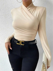 T-Shirt Women Draped Collar Pleated Waist Short Sleeve