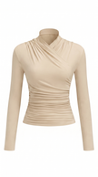 T-Shirt Women Draped Collar Pleated Waist Short Sleeve