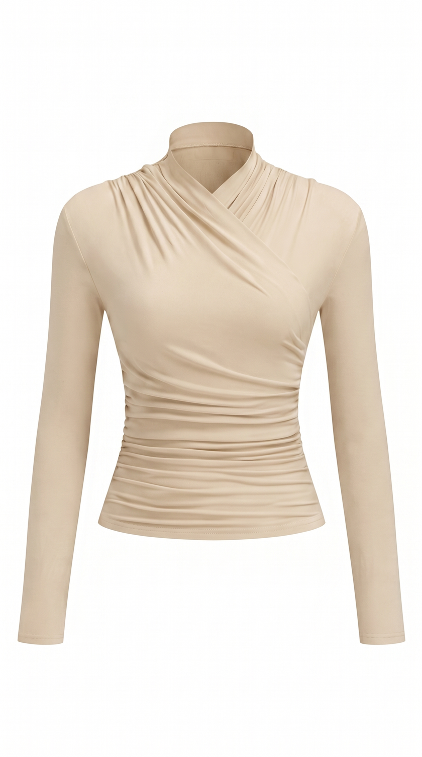 T-Shirt Women Draped Collar Pleated Waist Short Sleeve