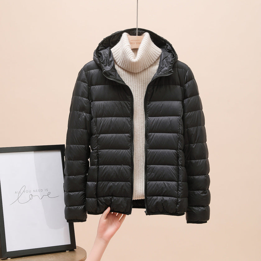 Quilted Jacket Women Hooded Zip Front Slim Cropped