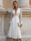 FJØRNA V-neck sheer sleeve pleated bodice midi dress, elegant wedding guest dress with flowing fabric and stylish design